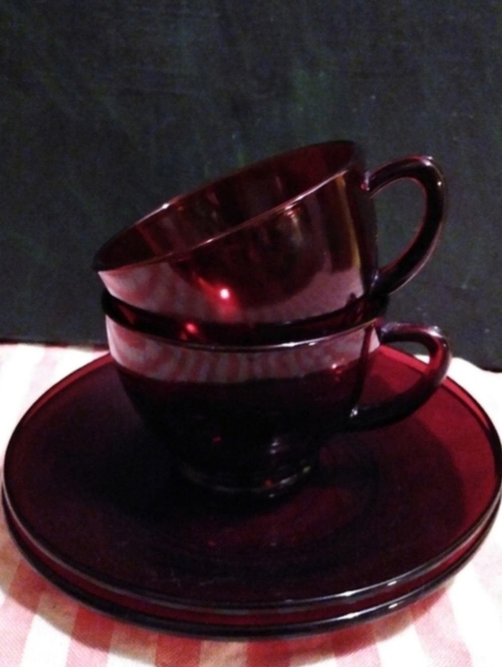 Vintage Ruby Red Glass Cups Saucers Set Cafe Tea Coffee Anchor Hocking Cafecore